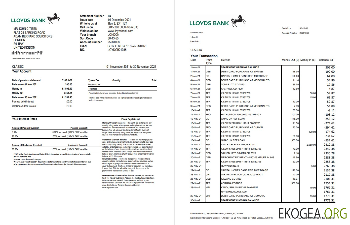Modèle de relevé bancaire Lloyds Royaume Uni au format Excel et PDF (2 pages)